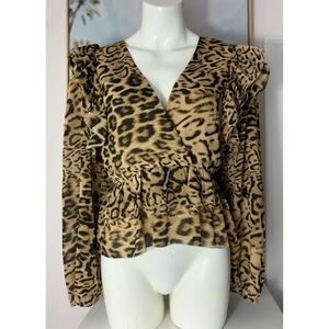 Express Tan Leopard Print V-Neck Ruffle Peplum Long Sleeve Blouse Top L